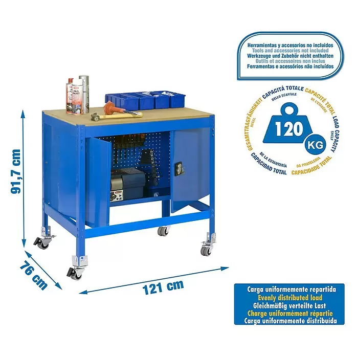 Simonrack Simonwork Werkbank MOBILE BT0 CABINET - L x B: 76 x 121 cm, Arbeitshöhe: 91,7 cm, Belastbarkeit: 120 kg, Blau - Blauer mobiler Metall-Werkbank mit Holzplatte auf Rollen, mit internem Stauraum.