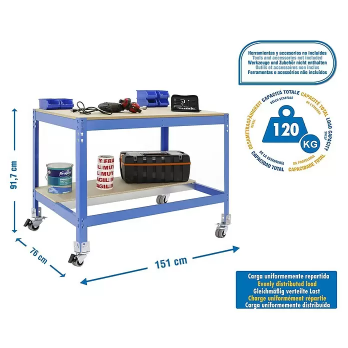 Simonrack Simonwork Werkbank MOBILE BT0 - L x B: 76 x 151 cm, Arbeitshöhe: 91,7 cm, Belastbarkeit: 120 kg, Blau - Blauer mobiler Arbeitstisch mit zwei Ablagen und Rollen, 151x76x91,7 cm. Gesamttragfähigkeit 120 kg gleichmäßig verteilt.