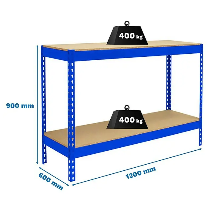 Simonrack Simonwork Werkbank Basic 2 - L x B: 60 x 120 cm, Arbeitshöhe: 90 cm, Belastbarkeit: 400 kg, Blau - Regal mit zwei Ebenen in Blau und Holzoptik, belastbar bis 400 kg pro Ebene, mit den Maßen 900 mm Höhe, 600 mm Tiefe und 1200 mm Breite.