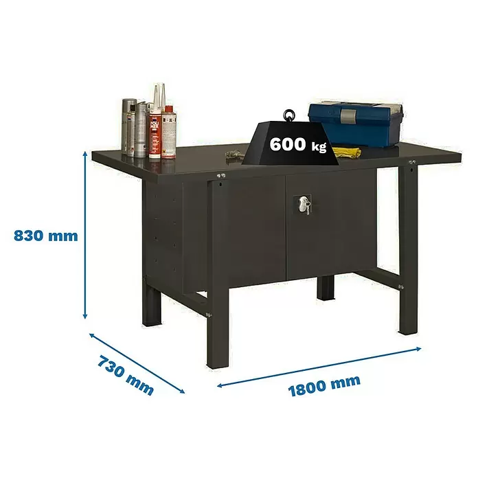 Simonrack Simonwork Werkbank BT6L METAL CABINET 1800 - L x B: 73 x 180 cm, Arbeitshöhe: 83 cm, Belastbarkeit: 600 kg, Schwarz - Robuste dunkelgraue Metallwerkbank mit integrierten Schränken, 1800x730x830 mm, Tragkraft 600 kg.