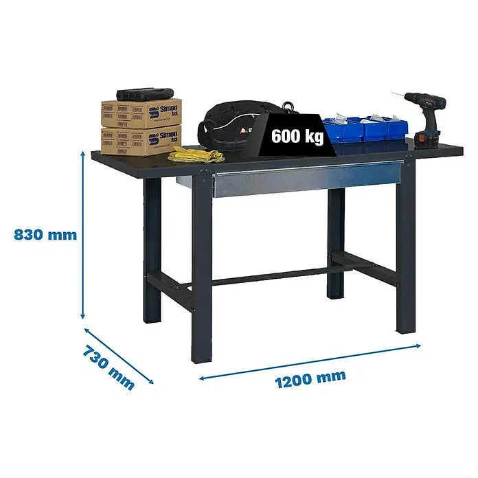 Simonrack Simonwork Werkbank BT6L METAL 1BOX - L x B: 73 x 120 cm, Arbeitshöhe: 83 cm, Belastbarkeit: 635 kg, Schwarz - Abbildung eines Arbeitstisches mit Werkzeugen und Zubehör. Die Abmessungen des Tisches sind angegeben.