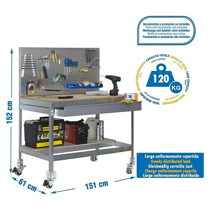 Simonrack Simonwork Banco de trabajo BT2 Box Mobile (L x An: 61 x 151 cm, Altura de trabajo: 152 cm, Carga soportada: 120 kg, Galvanizado) | BAUHAUS