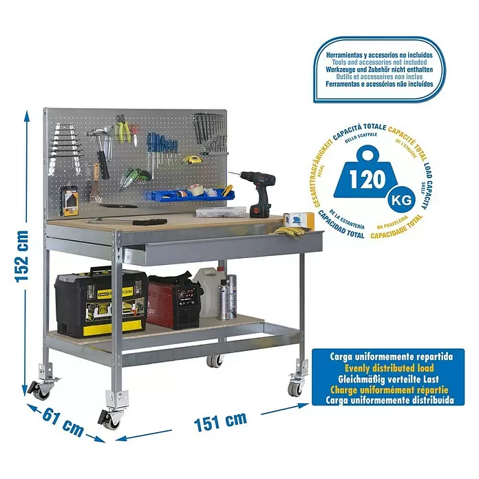 Simonrack Simonwork Werkbank MOBILE BT2 BOX - L x B: 61 x 151 cm, Arbeitshöhe: 152 cm, Belastbarkeit: 120 kg, Silber - Graue Metallwerkbank mit Holzplatte, Lochwand, unterem Regal und Rollen.