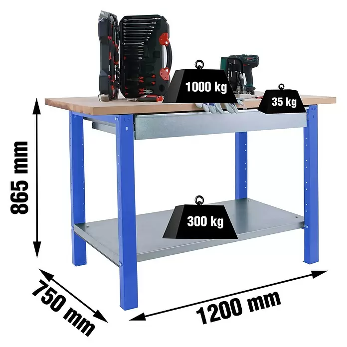 Simonrack Simonwork Werkbank BT6 PRO BOX 1200 - L x B: 75 x 120 cm, Arbeitshöhe: 86,5 cm, Belastbarkeit: 1.335 kg, Blau/Holz - Blaue Metall-Werkbank mit Holzplatte, Ablageboden und Auszugsschublade. Maße: 865x750x1200mm. Traglast: 1000kg oben, 300kg unten.
