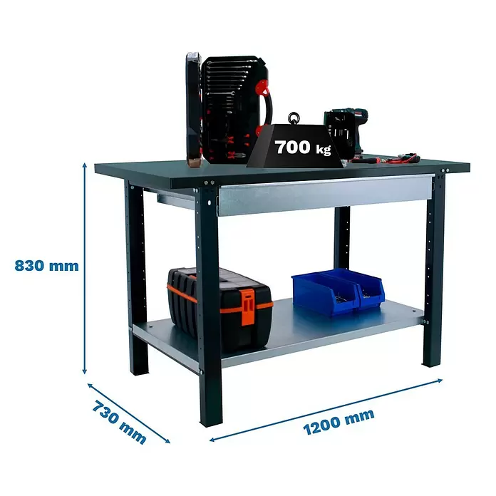 Simonrack Simonwork Werkbank BT6 PRO METAL 1BOX 1200 - L x B: 73 x 120 cm, Arbeitshöhe: 83 cm, Belastbarkeit: 1.035 kg, Schwarz - Schwarze Werkbank mit Ablage und Schublade, 1200x730x830mm, 700kg Tragkraft, mit Werkzeugen.