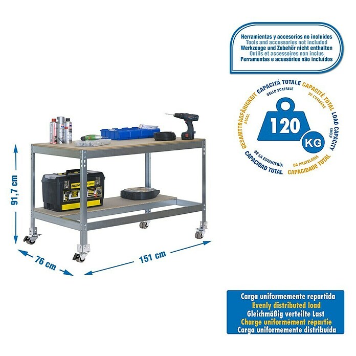 Simonrack Simonwork Werkbank MOBILE BT0 (L x B: 76 x 151 cm, Arbeitshöhe: 91,7 cm, Belastbarkeit: 120 kg, Silber) | BAUHAUS