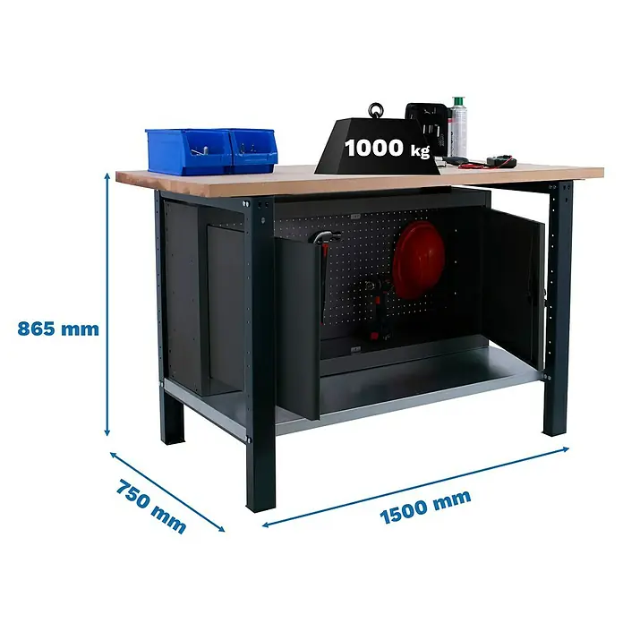 Simonrack Simonwork Werkbank BT6L PRO CABINET 1500 - L x B: 75 x 150 cm, Arbeitshöhe: 86,5 cm, Belastbarkeit: 1.000 kg, Schwarz/Holz - Werkbank mit Schubladen und Ablage, ideal für Werkstatt und Garage. Robuste Konstruktion, hohe Tragfähigkeit und Abmessungen sind sichtbar.