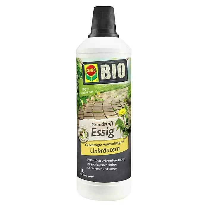 Compo Bio Grundstoff Essig - 1.000 ml - Weiße COMPO BIO Essig Unkrautvernichterflasche mit schwarzem Verschluss, 1L Inhalt.