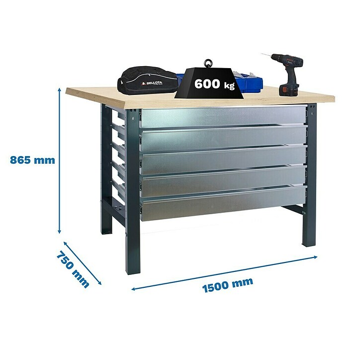 Simonrack Simonwork Banco de trabajo BT6L Box (L x An: 75 x 150 cm, Altura de trabajo: 86,5 cm, Carga soportada: 775 kg, Antracita) | BAUHAUS