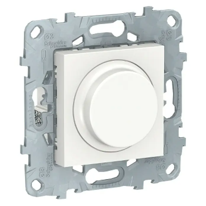 Schneider Electric New Unica Regulador luminoso - Blanco polar, Plástico, Instalar - Un regulador rotatorio blanco de Schneider Electric con marco de montaje gris claro, perfecto para la integración a la pared y control.