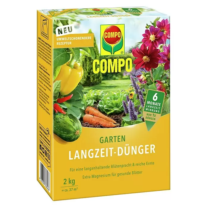 Compo Langzeitdünger Garten - 2 kg, Max. Anwendungsfläche: 37 m² - Gelbe COMPO Garten-Langzeitdünger-Box mit Gemüse und Blumen, verspricht 6 Monate Wirkung.