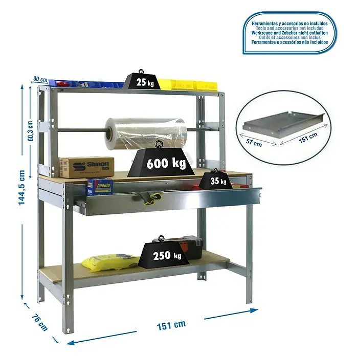 Simonrack Simonwork Werkbank BT4 Box 1500 - L x B: 76 x 151 cm, Arbeitshöhe: 144,5 cm, Belastbarkeit: 875 kg, Silber - Abbildung eines Werkstatttisches mit den Maßen 144,5 cm Höhe, 151 cm Breite und 76 cm Tiefe, belastbar mit Gewichten von 25 kg bis 600 kg.
