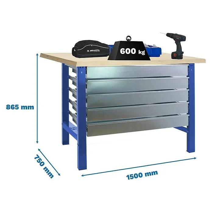 Simonrack Simonwork Werkbank BT6L MDF 5BOX 1500 - L x B: 75 x 150 cm, Arbeitshöhe: 86,5 cm, Belastbarkeit: 775 kg, Blau/Holz - Werkbank mit Schubladen, ideal für Werkstätten. Die robuste Konstruktion hält hohen Belastungen stand.