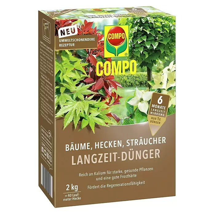 Compo Langzeitdünger Bäume, Hecken, Sträucher - 2 kg - COMPO Langzeit-Dünger für Bäume, Hecken & Sträucher. 2kg, neue umweltschonende Rezeptur, 6 Monate Wirkung.