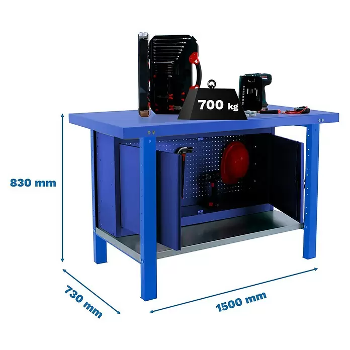 Simonrack Simonwork Werkbank BT6L PRO METAL CABINET 1500 - L x B: 73 x 150 cm, Arbeitshöhe: 83 cm, Belastbarkeit: 700 kg, Blau - Robuste blaue Werkbank (1500x730x830mm) mit 700 kg Traglast und integrierten Schränken.