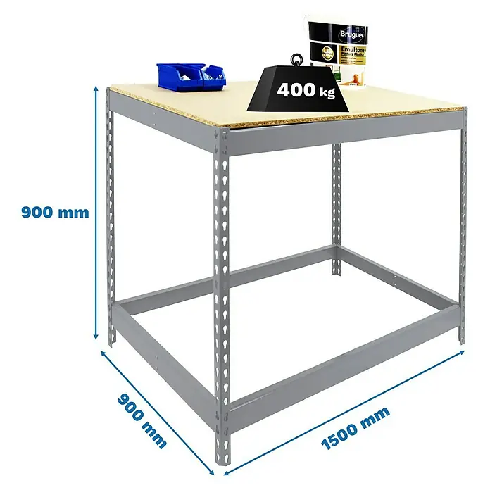 Simonrack Simonwork Werkbank Basic 1 - L x B: 90 x 150 cm, Arbeitshöhe: 90 cm, Belastbarkeit: 400 kg, Silber - Abbildung eines Werkstatttisches mit den Maßen 900 mm x 900 mm x 1500 mm, der eine Traglast von 400 kg aushält.