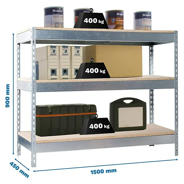 Simonrack Simonwork Werkbank Basic 3 - L x B: 45 x 150 cm, Arbeitshöhe: 90 cm, Belastbarkeit: 400 kg, Silber - Bild eines Schwerlastregals mit drei Ebenen, beladen mit Farbeimern, Ordnern und Werkzeugkisten, das die Tragfähigkeit des Regals demonstriert.