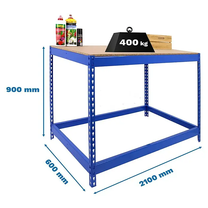 Simonrack Simonwork Werkbank Basic 1 - L x B: 60 x 210 cm, Arbeitshöhe: 90 cm, Belastbarkeit: 400 kg, Blau - Produktbild eines blauen Werkstatttisches mit einer Holzplatte und den Maßen 2100 mm x 600 mm x 900 mm.