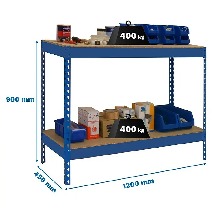 Simonrack Simonwork Werkbank Basic 2 - L x B: 45 x 120 cm, Arbeitshöhe: 90 cm, Belastbarkeit: 400 kg, Blau - Bild eines blauen Lagerregals mit zwei Ebenen, das mit Werkzeugen, Behältern und Kartons beladen ist und eine Gewichtskapazität von 400 kg pro Ebene aufweist.