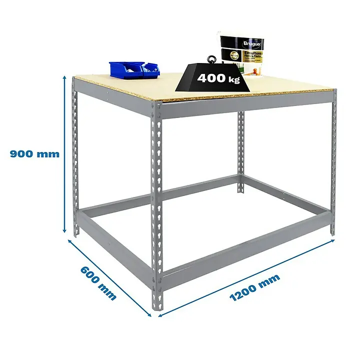 Simonrack Simonwork Werkbank Basic 1 - L x B: 60 x 120 cm, Arbeitshöhe: 90 cm, Belastbarkeit: 400 kg, Silber - Bild eines robusten Werkstatttisches mit den Maßen 900 mm Höhe, 600 mm Breite und 1200 mm Länge, ideal für schwere Lasten.