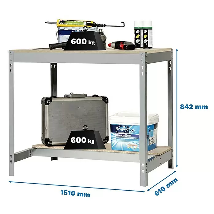Simonrack Simonwork Banco de trabajo BT0 - L x An: 61 x 151 cm, Altura de trabajo: 84,2 cm, Carga soportada: 850 kg, Gris - Banco de trabajo de metal gris con dos estantes de madera clara, 842x1510x610mm, cada estante soporta 600kg.