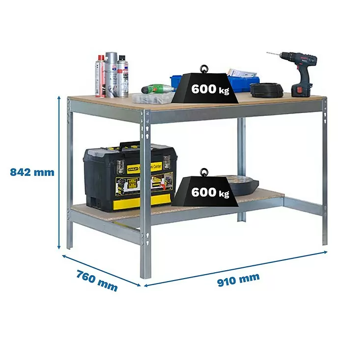 Simonrack Simonwork Banco de trabajo BT0 - L x An: 76 x 91 cm, Altura de trabajo: 84,2 cm, Carga soportada: 650 kg, Galvanizado - Banco de trabajo de metal y madera con dos estantes, 842x910x760mm, 600kg por estante, con herramientas.