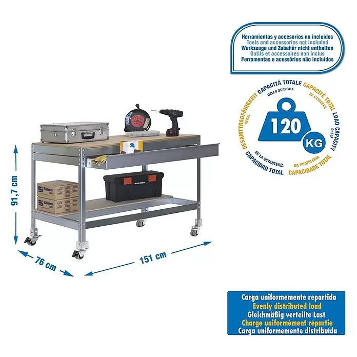 Simonrack Simonwork Werkbank MOBILE BT0 BOX - L x B: 76 x 151 cm, Arbeitshöhe: 91,7 cm, Belastbarkeit: 120 kg, Silber - Graue Metall-Werkbank mit Holzablagen und Rollen. Maße: 91,7x76x151 cm, 120 kg Traglast.