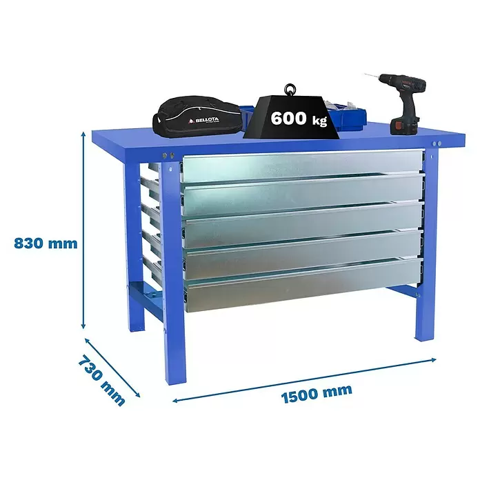 Simonrack Simonwork Werkbank BT6L METAL 5BOX 1500 - L x B: 73 x 150 cm, Arbeitshöhe: 83 cm, Belastbarkeit: 775 kg, Blau - Blaue Werkbank mit Metallschubladen, robust und geeignet für schwere Lasten bis 600 kg.
