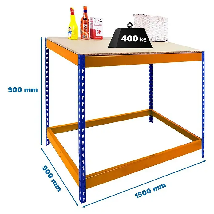 Simonrack Simonwork Werkbank Basic 1 - L x B: 90 x 150 cm, Arbeitshöhe: 90 cm, Belastbarkeit: 400 kg, Orange/Blau - Produktansicht eines Regals mit den Maßen 900 mm x 900 mm x 1500 mm und einer Gewichtsangabe von 400 kg.