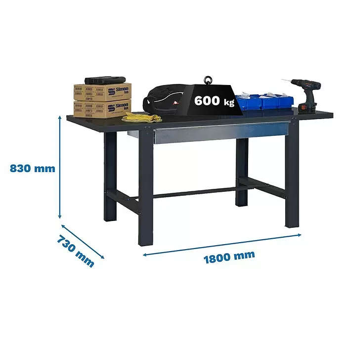 Simonrack Simonwork Werkbank BT6L METAL 1BOX - L x B: 73 x 180 cm, Arbeitshöhe: 83 cm, Belastbarkeit: 635 kg, Schwarz - Robuste dunkelgraue Metallwerkbank, 1800x730x830 mm, 600 kg Tragkraft.