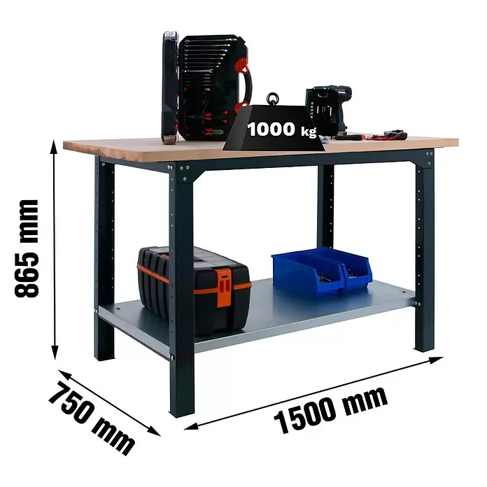 Simonrack Simonwork Werkbank BT6L PRO 1500 - L x B: 75 x 150 cm, Arbeitshöhe: 86,5 cm, Belastbarkeit: 1.300 kg, Schwarz/Holz - Robuste schwarze Metall-Werkbank mit Holzplatte, Metall-Ablage und 1000 kg Tragkraft. Maße: 865x1500x750mm.