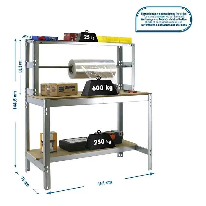 Simonrack Simonwork Werkbank BT4 1500 - L x B: 76 x 151 cm, Arbeitshöhe: 144,5 cm, Belastbarkeit: 875 kg, Silber - Abbildung eines Werkstatttisches mit den Maßen 151 cm x 76 cm x 144,5 cm, der mit Gewichten von 25 kg, 600 kg und 250 kg belastet ist.