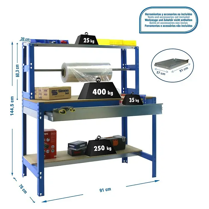 Simonrack Simonwork Werkbank BT4 Box 900 - L x B: 76 x 91 cm, Arbeitshöhe: 144,5 cm, Belastbarkeit: 675 kg, Blau - Produktabbildung eines blauen Werkstattischs mit mehreren Regalen, der mit Gewichten belastet ist, um seine Tragfähigkeit zu demonstrieren.