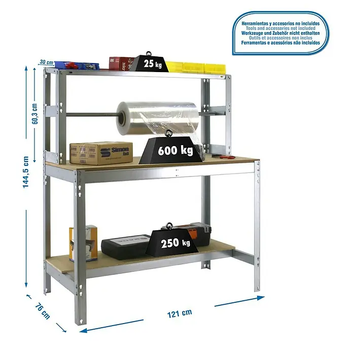 Simonrack Simonwork Werkbank BT4 1200 - L x B: 76 x 121 cm, Arbeitshöhe: 144,5 cm, Belastbarkeit: 875 kg, Silber - Produktbild einer Werkbank mit den Maßen 121 cm Länge, 76 cm Breite und 144,5 cm Höhe. Belastbar bis zu 600 kg.