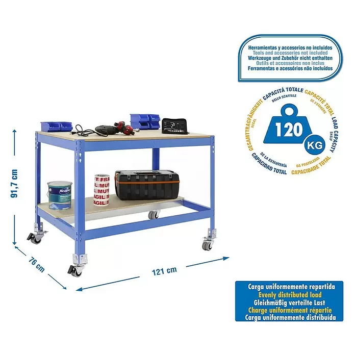 Simonrack Simonwork Werkbank MOBILE BT0 - L x B: 76 x 121 cm, Arbeitshöhe: 91,7 cm, Belastbarkeit: 120 kg, Blau - Blaue Metall-Werkbank mit zwei Ablagen und Rollen, Maße 91,7x121x76 cm, 120 kg Gesamttragfähigkeit.