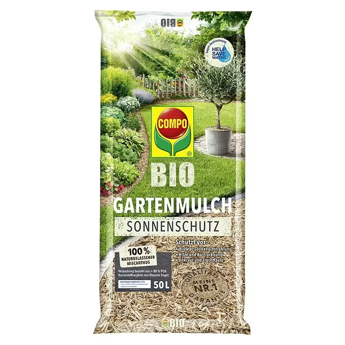 Compo Bio-Mulch Sonnenschutz - 6 kg - Großer Sack COMPO BIO Gartenmulch aus natürlichem Miscanthus, in einem sonnigen Garten präsentiert, für Sonnenschutz und Wassersparen.
