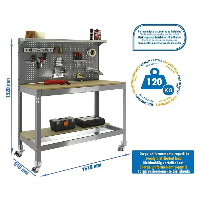 Simonrack Simonwork Werkbank MOBILE BT3 - L x B: 61 x 151 cm, Arbeitshöhe: 155 cm, Belastbarkeit: 120 kg, Grau - Graue Metall-Werkbank mit Holzplatte, Lochwand, unterer Ablage und Rollen. Ideal für Werkstätten, 1510x610x1520mm, 120kg Traglast pro Boden.