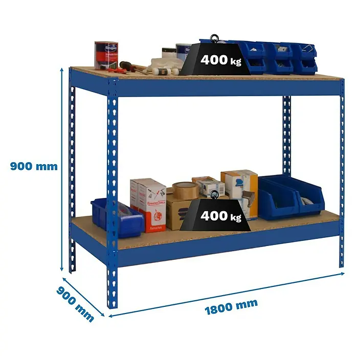 Simonrack Simonwork Werkbank Basic 2 - L x B: 90 x 180 cm, Arbeitshöhe: 90 cm, Belastbarkeit: 1.200 kg, Blau - Regal mit zwei Böden, ideal für Werkstatt oder Lager, belastbar bis 400 kg pro Boden.\n