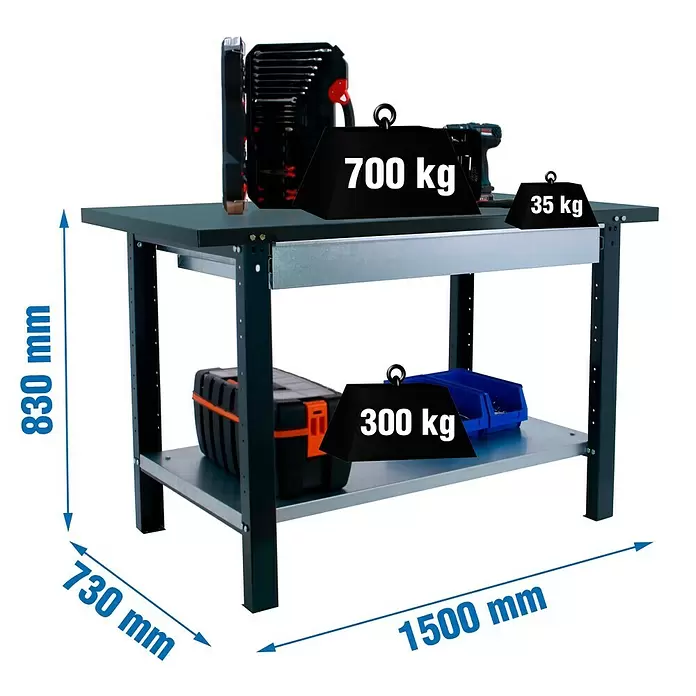 Simonrack Simonwork Werkbank BT6L PRO METAL 1BOX 1500 - L x B: 73 x 150 cm, Arbeitshöhe: 83 cm, Belastbarkeit: 1.035 kg, Schwarz - Schwarze Metall-Werkbank mit grauer Platte und unterem Regal, Maße (1500x730x830mm), Tragkraft (oben 700kg, unten 300kg).