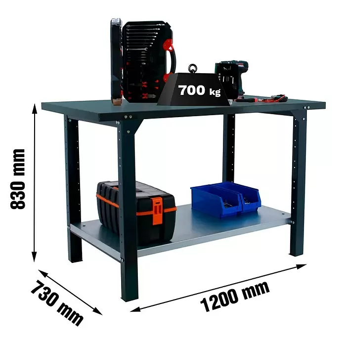 Simonrack Simonwork Werkbank BT6 PRO METAL 1200 - L x B: 73 x 120 cm, Arbeitshöhe: 83 cm, Belastbarkeit: 1.000 kg, Schwarz - Dunkelgraue Industriewerkbank aus Metall mit zwei Ablagen, 700kg Tragkraft. Maße: 830mm H x 1200mm B x 730mm T.
