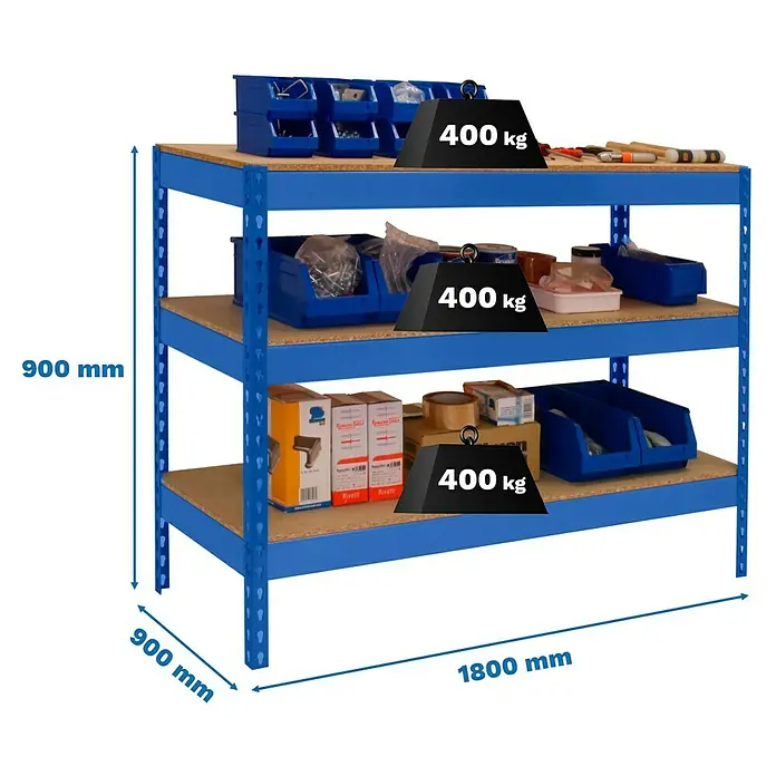 Simonrack Simonwork Werkbank Basic 3 - L x B: 90 x 180 cm, Arbeitshöhe: 90 cm, Belastbarkeit: 400 kg, Blau - Ein blaues Schwerlastregal mit drei Ebenen, beladen mit Waren und mit Gewichtsangaben versehen.