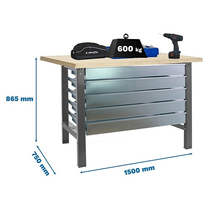 Simonrack Simonwork Werkbank BT6L MDF 5BOX 1500 (L x B: 75 x 150 cm, Arbeitshöhe: 86,5 cm, Belastbarkeit: 775 kg, Grau/Holz) | BAUHAUS
