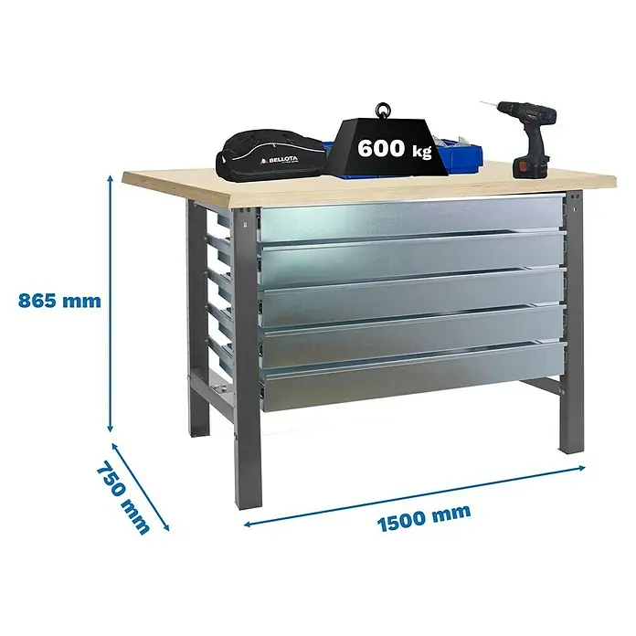 Simonrack Simonwork Werkbank BT6L MDF 5BOX 1500 - L x B: 75 x 150 cm, Arbeitshöhe: 86,5 cm, Belastbarkeit: 775 kg, Grau/Holz - Produktbild eines Werkstatttisches mit Schubladen und den Maßangaben 865 mm Höhe, 750 mm Tiefe und 1500 mm Länge.
