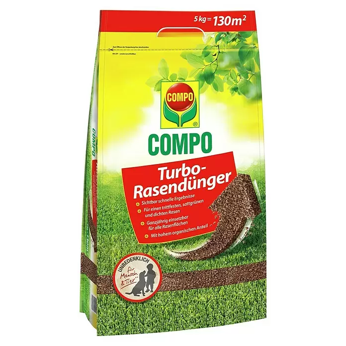 Compo Rasendünger Turbo - 5 kg, Max. Anwendungsfläche: 130 m² - Compo Turbo-Rasendünger (Rasendünger) in einem gelb-roten Beutel, zeigt braune Granulate und Text: 5 kg für 130m².