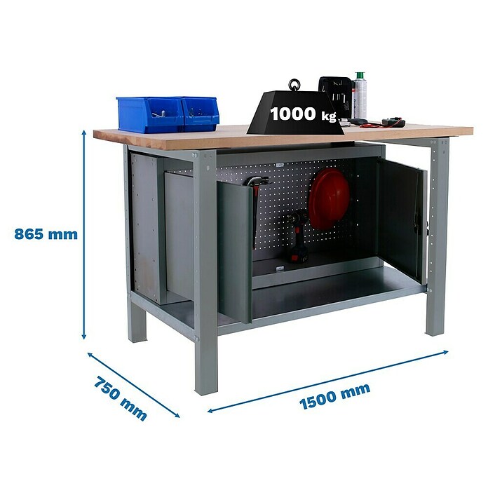 Simonrack Simonwork Werkbank BT6L PRO CABINET 1500 (L x B: 75 x 150 cm, Arbeitshöhe: 86,5 cm, Belastbarkeit: 1 000 kg, Grau/Holz) | BAUHAUS