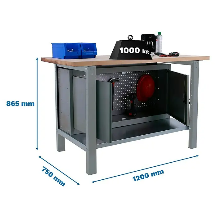 Simonrack Simonwork Werkbank BT6 PRO CABINET 1200 - L x B: 75 x 120 cm, Arbeitshöhe: 86,5 cm, Belastbarkeit: 1.300 kg, Grau/Holz - Abgebildeter Werkbanktisch mit Werkzeug und Zubehör, Maße: 865 mm Höhe, 750 mm Tiefe und 1200 mm Breite. Traglast: 1000 kg.
