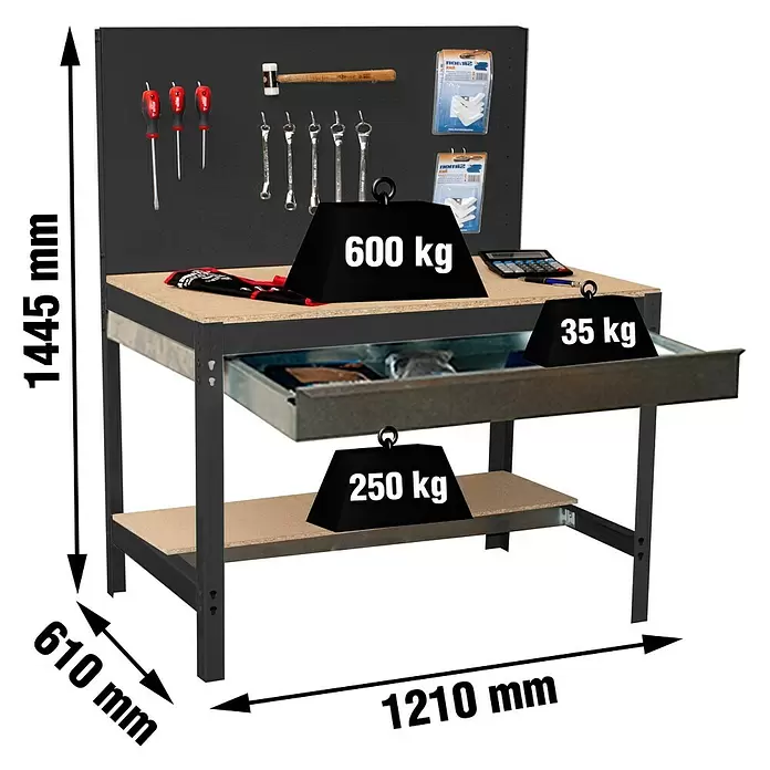 Simonrack Simonwork Werkbank BT2 Box 1200 - Schwarz, Breite: 121 cm - Robuste Metall-Werkbank mit Holzplatte, Ablage, Lochwand und Schublade. Tragfähigkeit: 600kg (oben), 250kg (unten), 35kg (Schublade). Maße: 1445x1210x610mm.