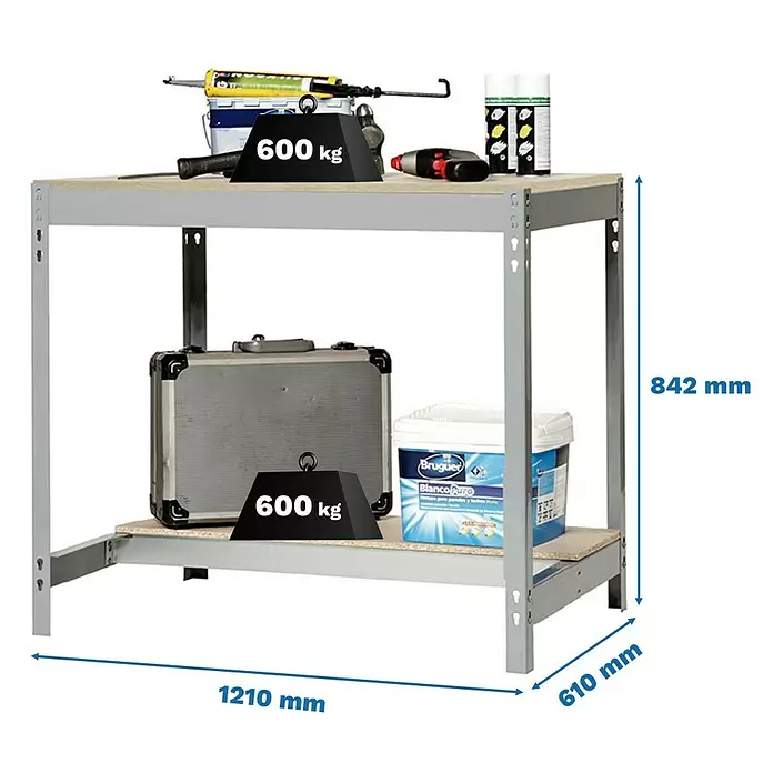 Simonrack Simonwork Banco de trabajo BT0 - L x An: 61 x 121 cm, Altura de trabajo: 84,2 cm, Carga soportada: 850 kg, Gris - Banco de trabajo de metal gris con dos estantes de madera, cargado con pesas de 600 kg. Dimensiones: 1210x610x842 mm.