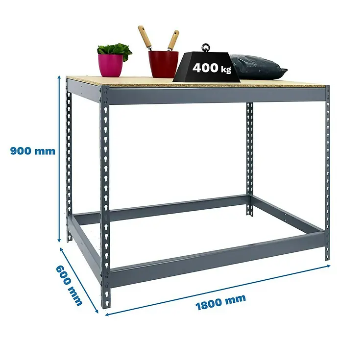 Simonrack Simonwork Werkbank Basic 1 - L x B: 60 x 180 cm, Arbeitshöhe: 90 cm, Belastbarkeit: 400 kg, Grau - Abbildung eines grauen Werkstatttisches mit den Maßen 1800 mm x 600 mm x 900 mm.