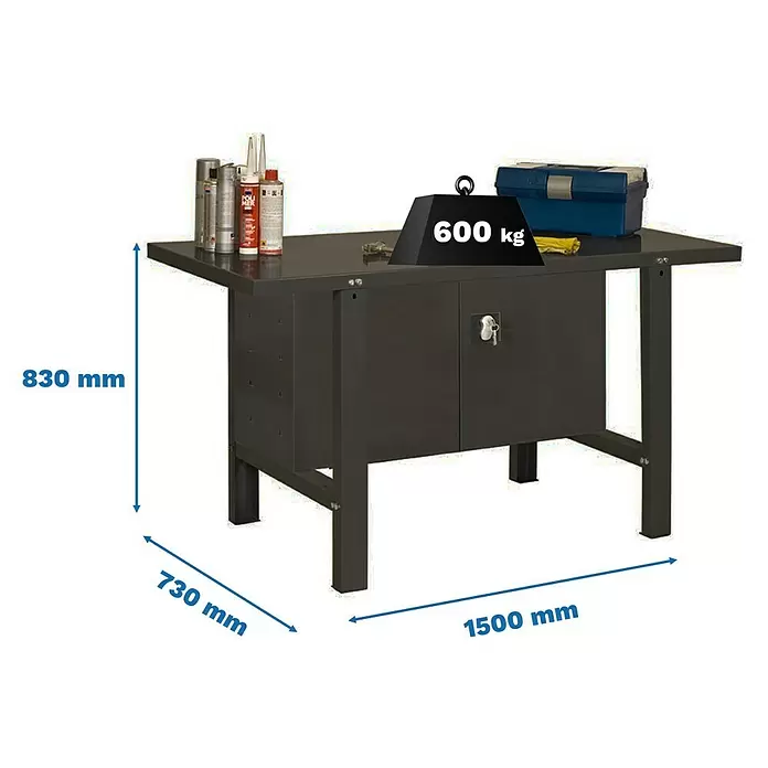 Simonrack Simonwork Werkbank BT6L METAL CABINET 1500 - L x B: 73 x 150 cm, Arbeitshöhe: 83 cm, Belastbarkeit: 600 kg, Schwarz - Dunkelgraue Metall-Werkbank mit integriertem Schrank, 1500x730x830 mm, Tragkraft 600 kg.